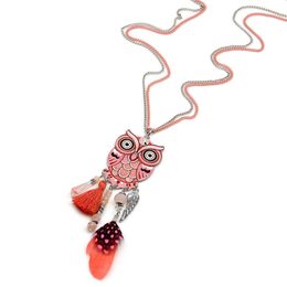 Fashion-Long Chain Multicolor Owl Pendant Necklaces With Feather Crystal Bead Tassels Women New Accessories Charm Jewelry CE4028