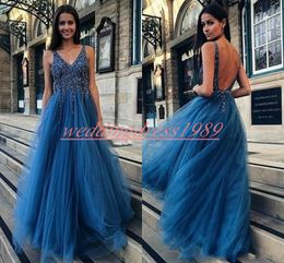 Modest Backless Beads V-Neck Evening Dresses Sequins Tulle Juniors A-Line Plus Size Prom Gowns Vestido de noche Formal Pageant Party Dress