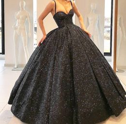 Sparkly Black Ball Gown Wedding Dresses With Straps Sweetheart Floor Length Puffy Big Skirt Modern Non White Bridal Gowns