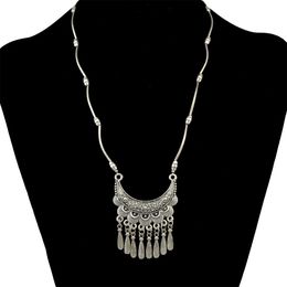 bohemian vintage style silver plated moon shape pendant with tassel necklace for women jewelry