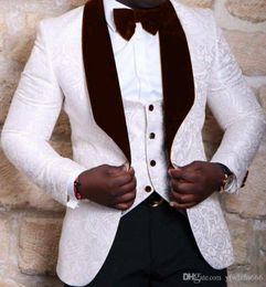 cheap white ties Australia - White Jacquard Wedding Tuxedos Slim Fit Suits For Men Groomsmen Suit Three Pieces Cheap Prom Formal Suits (Jacket+Pants+Vest+Tie) 245