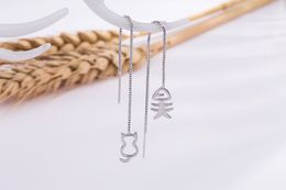 Cat and fish bone long chain earrings earrings two sterling silver Valentine's Day gift ladies