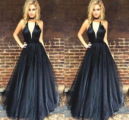 2019 Sexy High Neck Black Evening Dresses V-neck Empire Waist Organza Open Back Prom Dress Formal Gowns Special Occasion Dress Plus Size