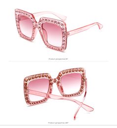 Toptan-Klasik Kare Güneş Gözlüğü Tasarımcı Lüks Rhinestone Diamonds Erkek Bayan Moda Güneş Gözlükleri Gözlük Pembe Cam Lensler