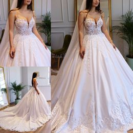 Fashion Beaded Lace Wedding Dresses Spaghetti Straps Plunging Neck Appliqued A Line Pearls Bridal Gowns Chapel Train Satin vestido de novia