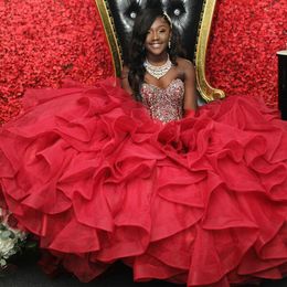 American Black Girls Red Quinceanera Dresses Ball Gowns Ruffles Organza Crystal Beaded Strapless Bandage Sweet 16 Dress Prom Graduation Gown
