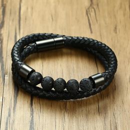 Fashion-Black Colour Doule Braid Leather Mens Bracelet With Nature Lave Stone Bead Health Healing Male Bangle Sport Casual Jewellery