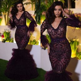 Stunning Beaded Mermaid Long Sleeves Evening Dresses V Neck Feather Lace Prom Gowns Plus Size Tiered Floor Length Formal Dress 407