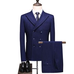 Double-breasted dark blue suit men's slim striped suit three-piece jacket, pants, vest men's business formal suit