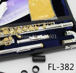 High Quality Small Curved Heads FL-382 C Tune Flute 16 Holes Open Flutes Free Shipping Silver Plated Body Gold Lacquer Key Flute