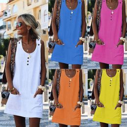 Summer Pockets Short Dress Women Sexy Sleeveless Button Shirt Dresses Casual Solid Lady Dress Mini Button A-Line Dress M1355