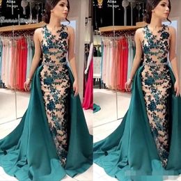 2020 Dark Green Prom Dresses Mermaid Sleeveless Lace Applique Beaded Overskirt Sweep Train Custom Made Formal Evening Party Gown 401 401