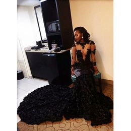 Unique Flower Fabric Afican Black Girls Evening Dresses With Illusion Long Sleeves Embroidery High Neck Dresses Evening Wear Prom Formal