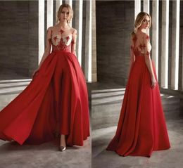 Red Evening Gowns Prom Dresses With Detachable Skirt Satin Fashion Women Jumpsuit Half Long Sleeve Cocktail Dress Party Wear Custom Made 77