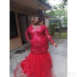 Size Plus Red Mermai Dresses Sequins Tulle Long Sleeves V Neck Beaded African Formal Ocn Wear Evening Party Ball Gown
