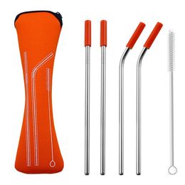 Stainless Steel Straws Sets With Pouch Bag Colorful Metal Straw With Silicone Tip Reusable Juice Straw Bar Tools 6pcs/Set SN1832