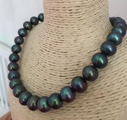 Free Shipping stunning12-13mm black green round pearl necklace 18 inches 14k