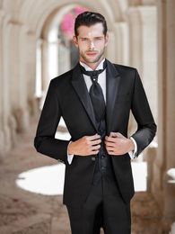 Black Groom Tuxedos Peak Lapel Slim Fit Groomsman Wedding Tuxedos Men Prom Party Jacket Blazer 3 Piece Suit(Jacket+Pants+Tie+Vest) 89