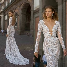 Berta Long Sleeve Lace Mermaid Wedding Dresses 2020 V Neck Illusion Backless Bridal Gowns robe de mairee