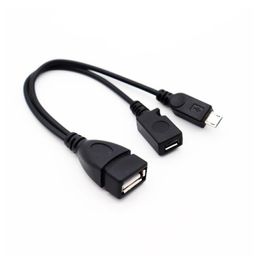 500pcs Wholesales 21cm Black 2 In 1 OTG Micro USB Host Power Y Splitter USB Adapter to Micro 5 Pin Male Female Cable