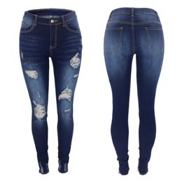 Jeans casual da donna Jeans strappati con fori per il ginocchio Pantaloni lunghi slim in denim con nappa stirata sbiancata Spedizione gratuita di alta qualità aggiornato