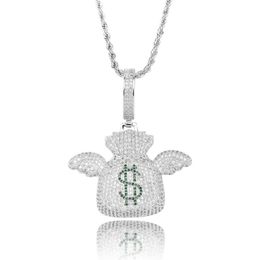 Iced Out US Dollar $ Money Bag Pendant Necklace With 4mm Tennis Chain Gold Silver Bling Cubic Zircon Men's Hip hop Jewelry