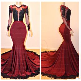 New Mermaid Evening Dresses Wear Jewel Neck Illusion Lace Appliques Beaded Sheer Long Sleeves Sweep Train Plus Size Party Prom Gowns