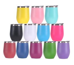 Powder Coated 12oz Stemless Wine Mugs Egg Shaped Tumblers Stainless Steel Double Walled Vacuum Travel Mug Insulated with silver line and lid Mixed Colors Retails