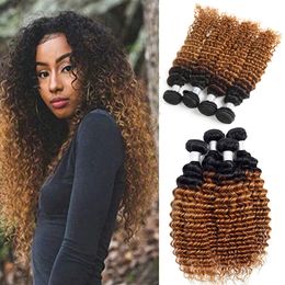 Dark Honey Blonde Hair Color Full 1B/30 Blonde Ombre Brazilian Deep Wave Curly Human Hair Weave Weft Extensions 3/4 Bundles