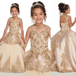 Champagne Hot Puffy Flower Dresses Jewek Lace Appliques Crystal Beaded Princess Ball Gown Corset Back Birthday Girls Communion Pageant Gowns