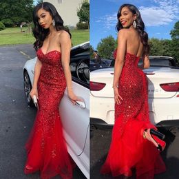 Sparkly Red Sequined Mermaid Prom Dresses Sweetheart Neckline Beaded Evening Gowns Plus Size Floor Length Tulle Formal Dress 415