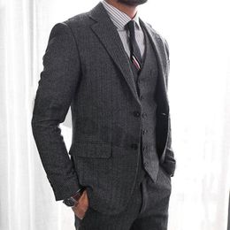 Slim Fit Two Buttons Gray Tweed Wedding Groom Tuxedos Notch Lapel Groomsmen Men Suits Prom Blazer (Jacket+Pants+Vest+Tie) NO:1975