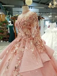 pink special dubai puffy party dresses Quinceanera Dresses high neck long tulle sleeve lace up back evening dresses can make for m235q