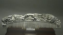 Chinese old Miao silver Carving Dragon Phoenix comb