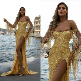 Gold Mermaid Evening Dresses Sequins Tassel Beads Sexy High Side Split Spakrly Prom Dress Sweep Train Custom Made Formal Occasion Gowns