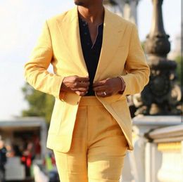 Summer Yellow Mens Suits Handsome Slim Fit Two Button Wedding Tuxedos Business Prom Party Blazer Jacket (Jacket+Pants)