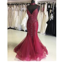 Luxury dark Fuchia Crystal Mermaid Prom Dresses 2020 Long Sexy Beaded crystal Evening Gowns Plus Size Lace Up Prom Gowns Custom Made Abiye