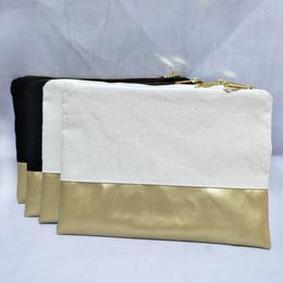 1pc natural cotton/black canvas cosmetic bag with waterproof gold leather bottom matching Colour lining blank 7x10in makeup bag in stock