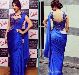 2020 New Arabic Indian Women Evening Dresses Sexy Royal Blue Cheap Sheath Applique Sheer Wrap Party Formal Prom Gowns Party Saree