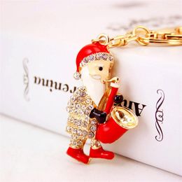 Christmas Pendant Car Key Chain Classical Musical Santa Clause 3pcs Gold Plated Oil Drop Crystal Rhinestone Enamel Key Ring Holder