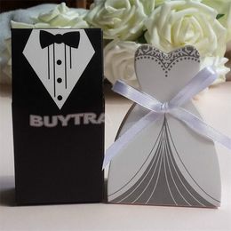 100Pcs Wedding Decoration mariage casamento Bridal Gift Cases Groom Tuxedo Dress Gown Ribbon Wedding Favors Candy Box Sugar Case