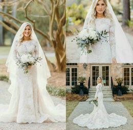 Plus Size Mermaid Wedding Dress Jewel Long Sleeves Appliqued Lace Bridal Dresses Ruched Sweep Train Custom Made Vestidos De Novia Hot Sell