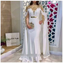 White Moroccan Kaftan mermaid prom Evening Dresses crew 3D Flowers gold Lace Appliques Women Arabic Muslim Special Occasion Formal Party