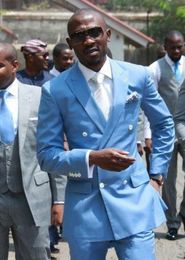 Light Blue Groom Tuxedos Double-Breasted Men Wedding Tuxedos Peak Lapel Jacket Blazer Popular Men Dinner/Darty Suit(Jacket+Pants+Tie) 1134