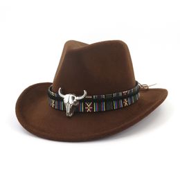 QIUBOSS Unisex Carnival Cowboy Fashion Hat Roll Brim Wool Felt Fedora Mens Ladies Western Hats Metal Bullhead Decorated Trilby