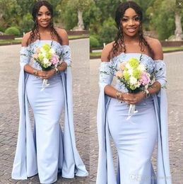 Light Sky Blue Cheap Mermaid Bridesmaid Dresses Strapless Long Sleeves Hand Made Flowers Maid of Honour Satin Lace Floor Length Prom Dresses