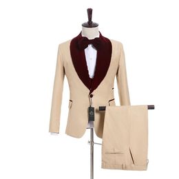 Champagne Groom Tuxedos Velvet Lapel Groomsman Wedding 3 Piece Suit Fashion Men Business Prom Party Jacket Blazer(Jacket+Pants+Tie+Vest)2651