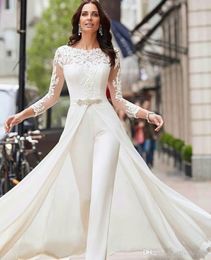 Elegant White Jumpsuits Pants Wedding Dresses Long Sleeve Lace Satin With Overskirts Beads Crystals Bridal Gowns Vestidos De Novia268Y