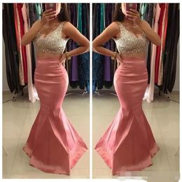 Modest Pink Two Piece Prom Dresses Mermaid V Neck Beaded Sequins Satin Floor Length Evening Party Gown Celebrity Dress Custom Made 403 403