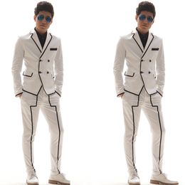 White Black Stripe Mens Wedding Tuxedos Double Breasted Slim Fit Groom Pants Suits Formal Groomsmen Wear For Prom Party